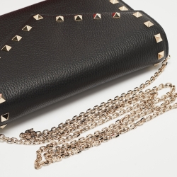 Pre Owned Valentino Black Leather Rockstud Envelope Wallet on Chain