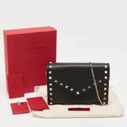 Pre Owned Valentino Black Leather Rockstud Envelope Wallet on Chain