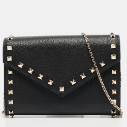 Pre Owned Valentino Black Leather Rockstud Envelope Wallet on Chain