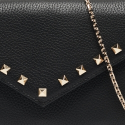 Pre Owned Valentino Black Leather Rockstud Envelope Wallet on Chain