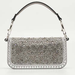 Pre Owned Valentino Grey/Metallic Suede and Leather Crystals VLogo Loco Baguette Bag