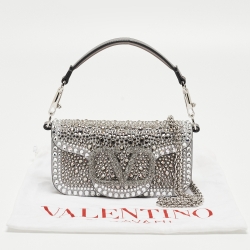 Pre Owned Valentino Grey/Metallic Suede and Leather Crystals VLogo Loco Baguette Bag