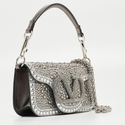 Pre Owned Valentino Grey/Metallic Suede and Leather Crystals VLogo Loco Baguette Bag