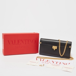 Pre Owned Valentino Black Leather Alcove Rockstud Wallet on Chain