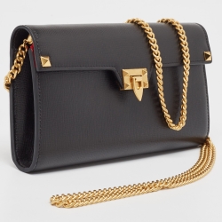 Pre Owned Valentino Black Leather Alcove Rockstud Wallet on Chain