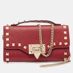 Pre Owned Valentino Burgundy Leather Rockstud Wallet on Chain