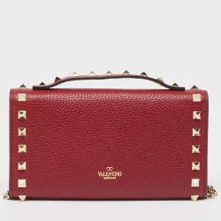 Pre Owned Valentino Burgundy Leather Rockstud Wallet on Chain
