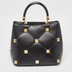 Pre Owned Valentino Black Quilted Leather Medium Roman Stud Top Handle Bag