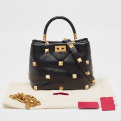 Pre Owned Valentino Black Quilted Leather Medium Roman Stud Top Handle Bag