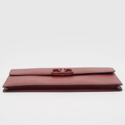 Pre Owned Valentino Burgundy Leather Large VLogo Flat Pouch