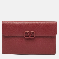 Pre Owned Valentino Burgundy Leather Large VLogo Flat Pouch