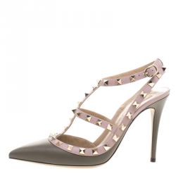 Pre Owned Valentino Green and Beige Leather Rockstud Sandals Size 39