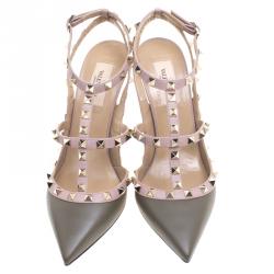 Pre Owned Valentino Green and Beige Leather Rockstud Sandals Size 39