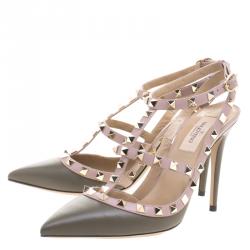 Pre Owned Valentino Green and Beige Leather Rockstud Sandals Size 39