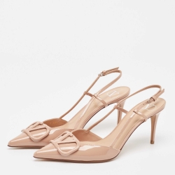 Pre Owned Valentino Beige Patent Escape V logo Pumps Size 39.5