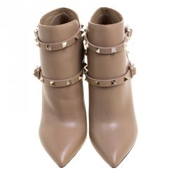 Pre Owned Valentino Beige Leather Rockstud Pointed Toe Ankle Boots Size 38