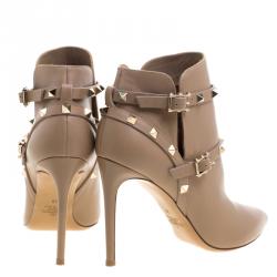 Pre Owned Valentino Beige Leather Rockstud Pointed Toe Ankle Boots Size 38