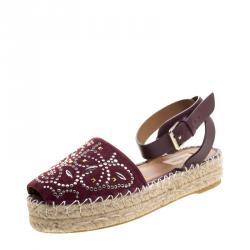 Pre Owned Valentino Burgundy Embellished Suede and Leather Ankle Strap Espadrilles Size 38