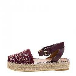 Pre Owned Valentino Burgundy Embellished Suede and Leather Ankle Strap Espadrilles Size 38