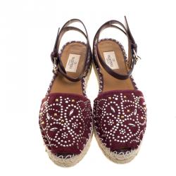 Pre Owned Valentino Burgundy Embellished Suede and Leather Ankle Strap Espadrilles Size 38