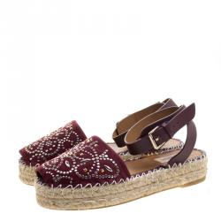 Pre Owned Valentino Burgundy Embellished Suede and Leather Ankle Strap Espadrilles Size 38