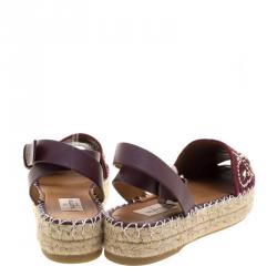 Pre Owned Valentino Burgundy Embellished Suede and Leather Ankle Strap Espadrilles Size 38