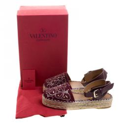 Pre Owned Valentino Burgundy Embellished Suede and Leather Ankle Strap Espadrilles Size 38