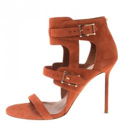 Pre Owned Valentino Orange Suede Buckle Detail Ankle Wrap Sandals Size 39.5