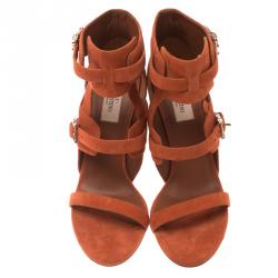 Pre Owned Valentino Orange Suede Buckle Detail Ankle Wrap Sandals Size 39.5