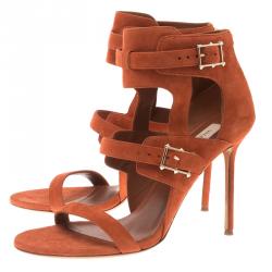 Pre Owned Valentino Orange Suede Buckle Detail Ankle Wrap Sandals Size 39.5