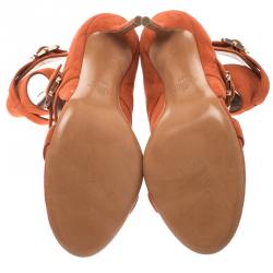 Pre Owned Valentino Orange Suede Buckle Detail Ankle Wrap Sandals Size 39.5