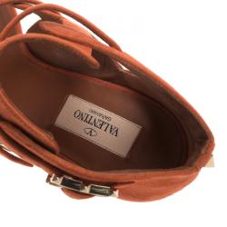 Pre Owned Valentino Orange Suede Buckle Detail Ankle Wrap Sandals Size 39.5