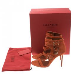 Pre Owned Valentino Orange Suede Buckle Detail Ankle Wrap Sandals Size 39.5