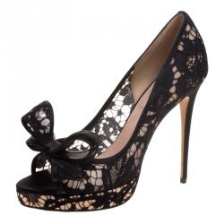 Pre Owned Valentino Black Floral Couture Bow Lace Peep Toe Platform Pumps Size 39