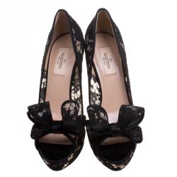 Pre Owned Valentino Black Floral Couture Bow Lace Peep Toe Platform Pumps Size 39
