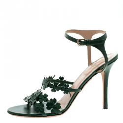 Pre Owned Valentino Green Leather Four Leaf Clover Appliquè Ankle Strap Sandals Size 40