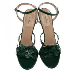 Pre Owned Valentino Green Leather Four Leaf Clover Appliquè Ankle Strap Sandals Size 40