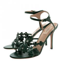 Pre Owned Valentino Green Leather Four Leaf Clover Appliquè Ankle Strap Sandals Size 40