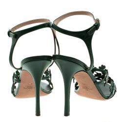 Pre Owned Valentino Green Leather Four Leaf Clover Appliquè Ankle Strap Sandals Size 40