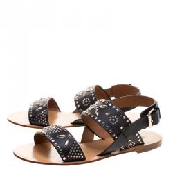 Pre Owned Valentino Black Embellished Leather Flat Sandals Size 38