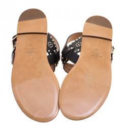 Pre Owned Valentino Black Embellished Leather Flat Sandals Size 38