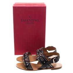 Pre Owned Valentino Black Embellished Leather Flat Sandals Size 38