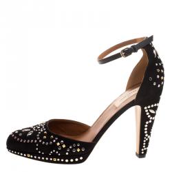 Pre Owned Valentino Black Leather And Embellished Suede Teodora Ankle Strap Platform Pumps Size 40