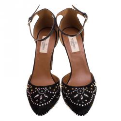 Pre Owned Valentino Black Leather And Embellished Suede Teodora Ankle Strap Platform Pumps Size 40