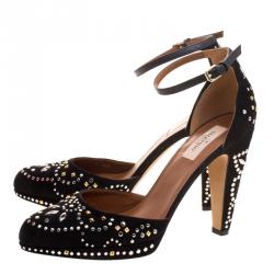 Pre Owned Valentino Black Leather And Embellished Suede Teodora Ankle Strap Platform Pumps Size 40