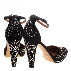 Pre Owned Valentino Black Leather And Embellished Suede Teodora Ankle Strap Platform Pumps Size 40