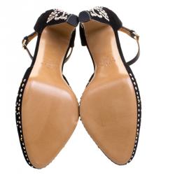 Pre Owned Valentino Black Leather And Embellished Suede Teodora Ankle Strap Platform Pumps Size 40