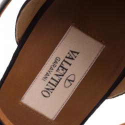 Pre Owned Valentino Black Leather And Embellished Suede Teodora Ankle Strap Platform Pumps Size 40