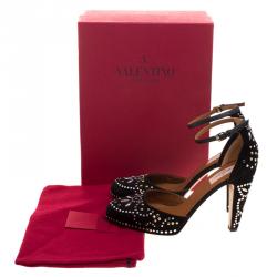 Pre Owned Valentino Black Leather And Embellished Suede Teodora Ankle Strap Platform Pumps Size 40