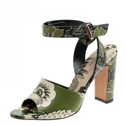 Pre Owned Valentino Green Printed Leather Ankle Strap Sandals Size 38.5